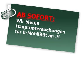AB SOFORT: Wir bieten Hauptuntersuchungen für E-Mobilität an !!!